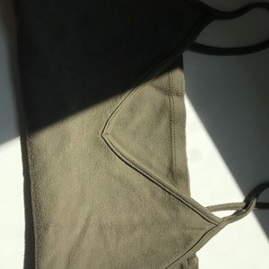 army green crop top, v-cut spaghetti straps.